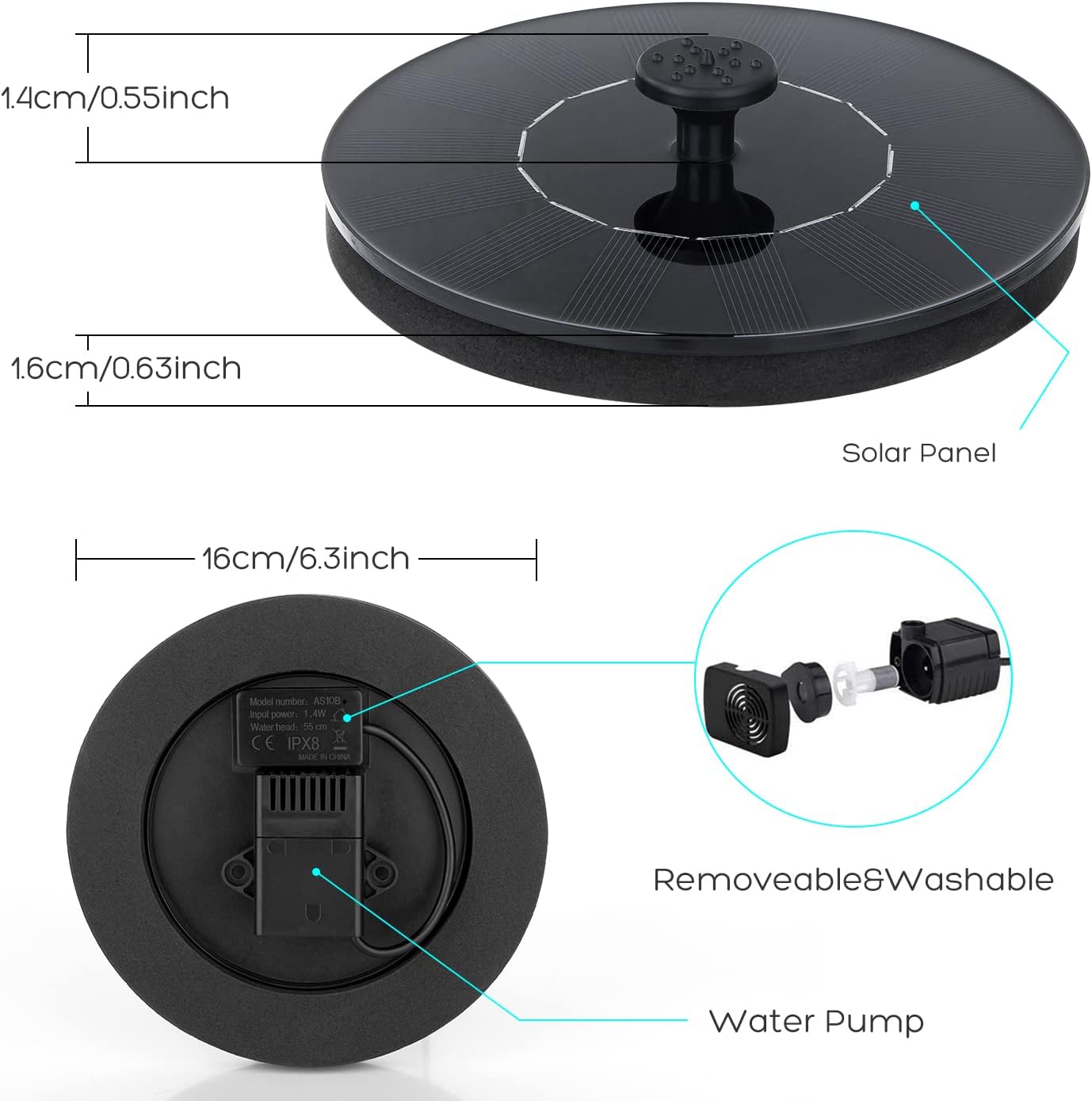 Solar Bird Bath Fountain Pump, Water Feature, Upgrade 1.4W Solar Fountain with 6 Nozzle, Free Standing Floating Solar Powered Water Fountain Pump for Bird Bath, Garden, Pond, Pool, Outdoor