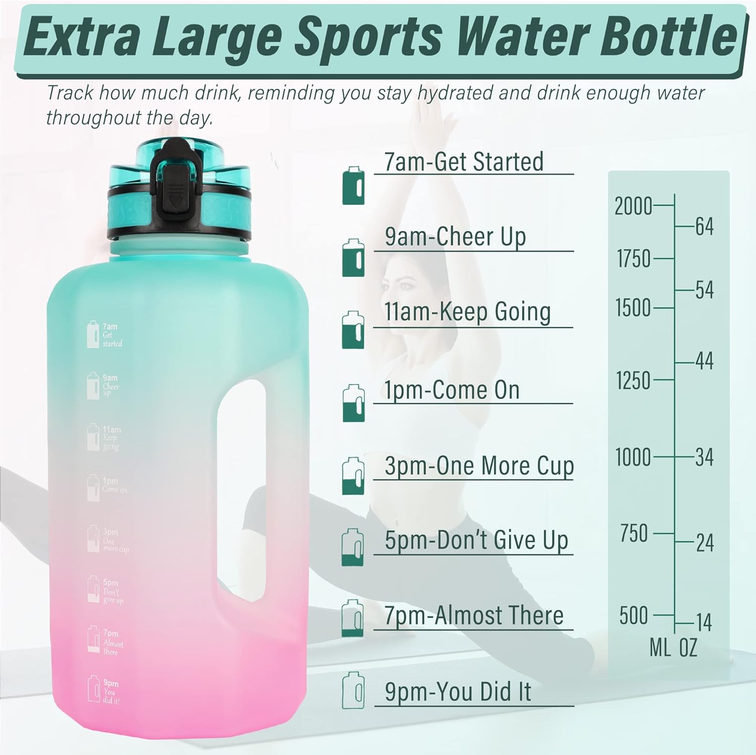 Sports Water Bottle 2.2L BPA Free Leak Proof Big Drinking Jug for Camping Workouts