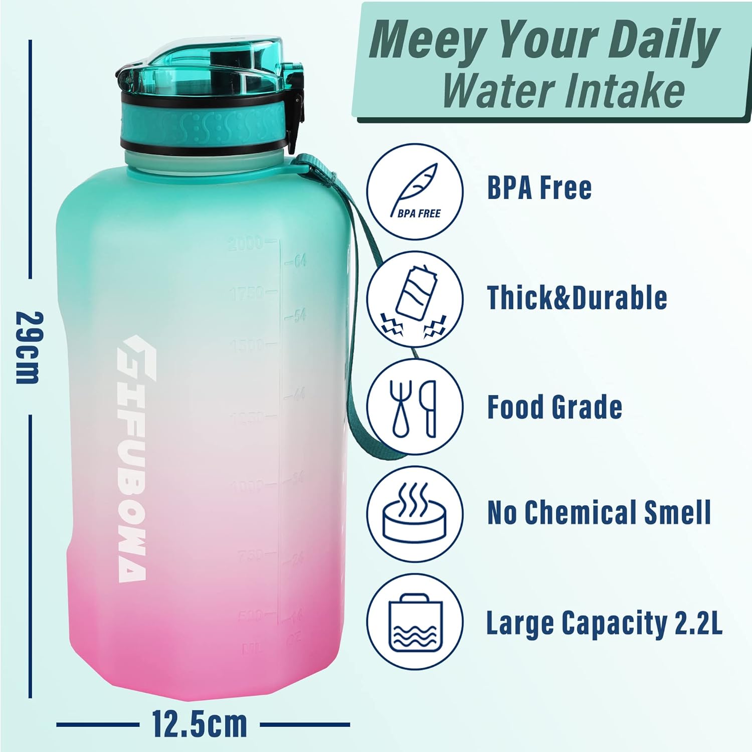 Sports Water Bottle 2.2L BPA Free Leak Proof Big Drinking Jug for Camping Workouts